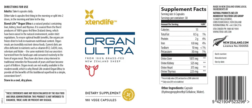 Xtend Life Organ Ultra Ingredients Label