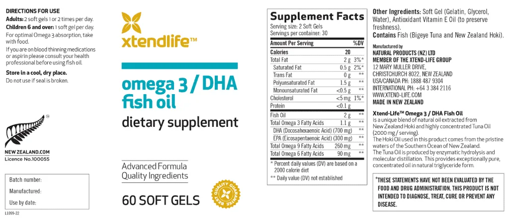 Xtend Life Omega 3 DHA Fish Oil Ingredients Label
