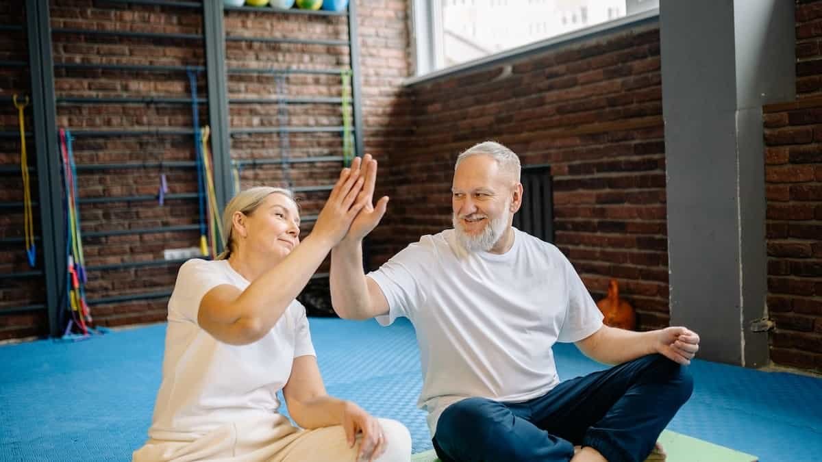 Senior citizens together, working out