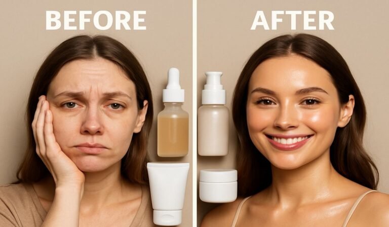 Skincare before/after: tired, dull skin vs. glowing, healthy skin with products.