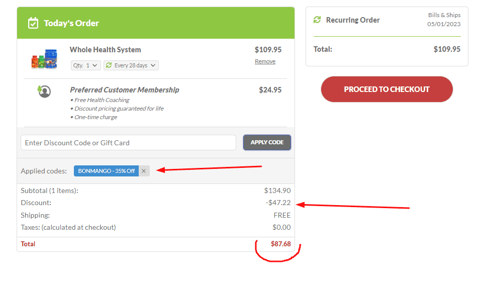 Screenshot from Balance of Nature's checkout process.  The screenshot shows the applied code confirmation message as well as  the total discount you're getting for Balance of Nature's Whole Health System (Fruits, Veggies, Fiber & Spices).