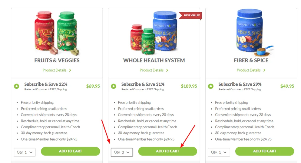 Screenshot from Balance of Nature's website. Arrows show that you can change the quantity of your order (optional) and the Add to Cart Button