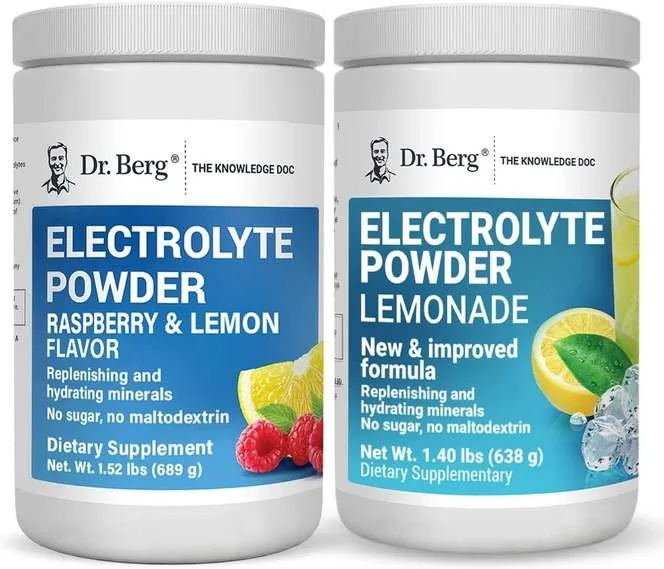 Dr. Berg Electrolyte Powder. Left: Raspberry and Lemon flavor. Right: Lemonade flavor