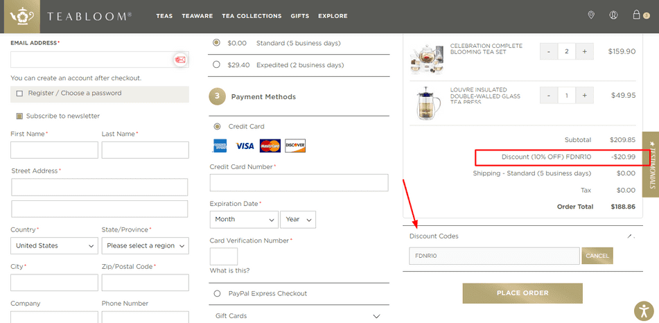 Teabloom checkout page showing the working Teablookm discount code.