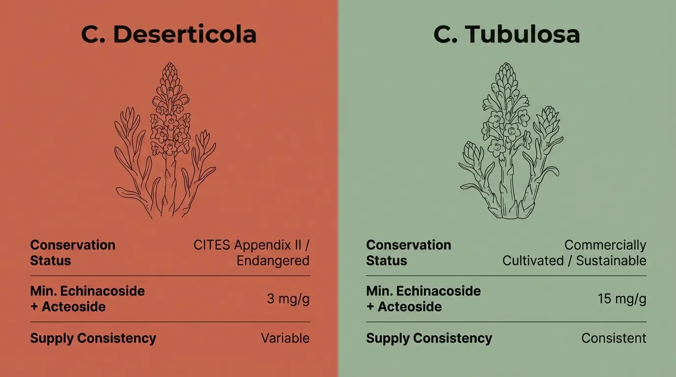 Infographic comparing Cistanche deserticola and Cistanche tubulosa species showing conservation status, active compound concentrations, and supply consistency differences.