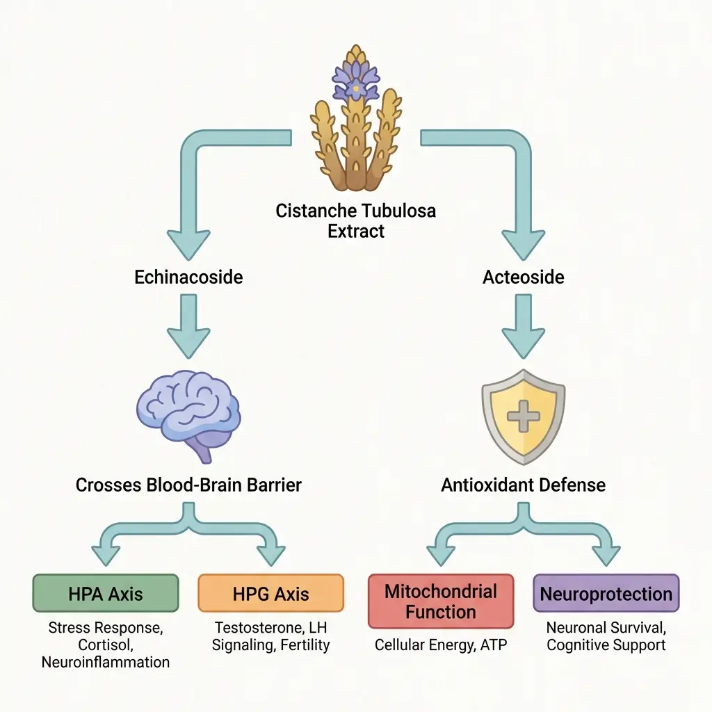 Diagram showing how echinacoside and acteoside from Cistanche tubulosa act on the HPA axis, HPG axis, and antioxidant defense systems in the body.