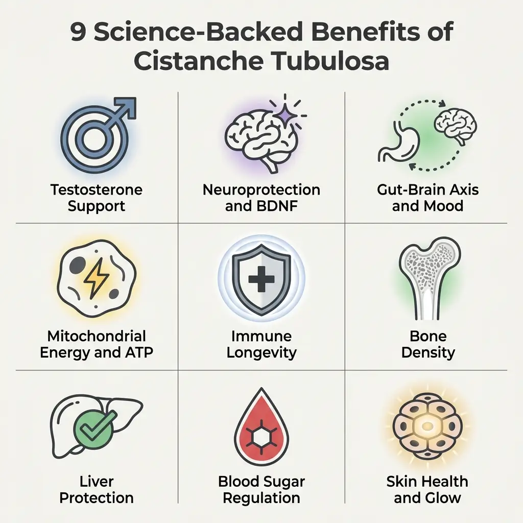 Icon grid showing 9 science-backed benefits of Cistanche tubulosa including testosterone support, neuroprotection, gut-brain axis, mitochondrial energy, immune longevity, bone density, liver protection, blood sugar regulation, and skin health.