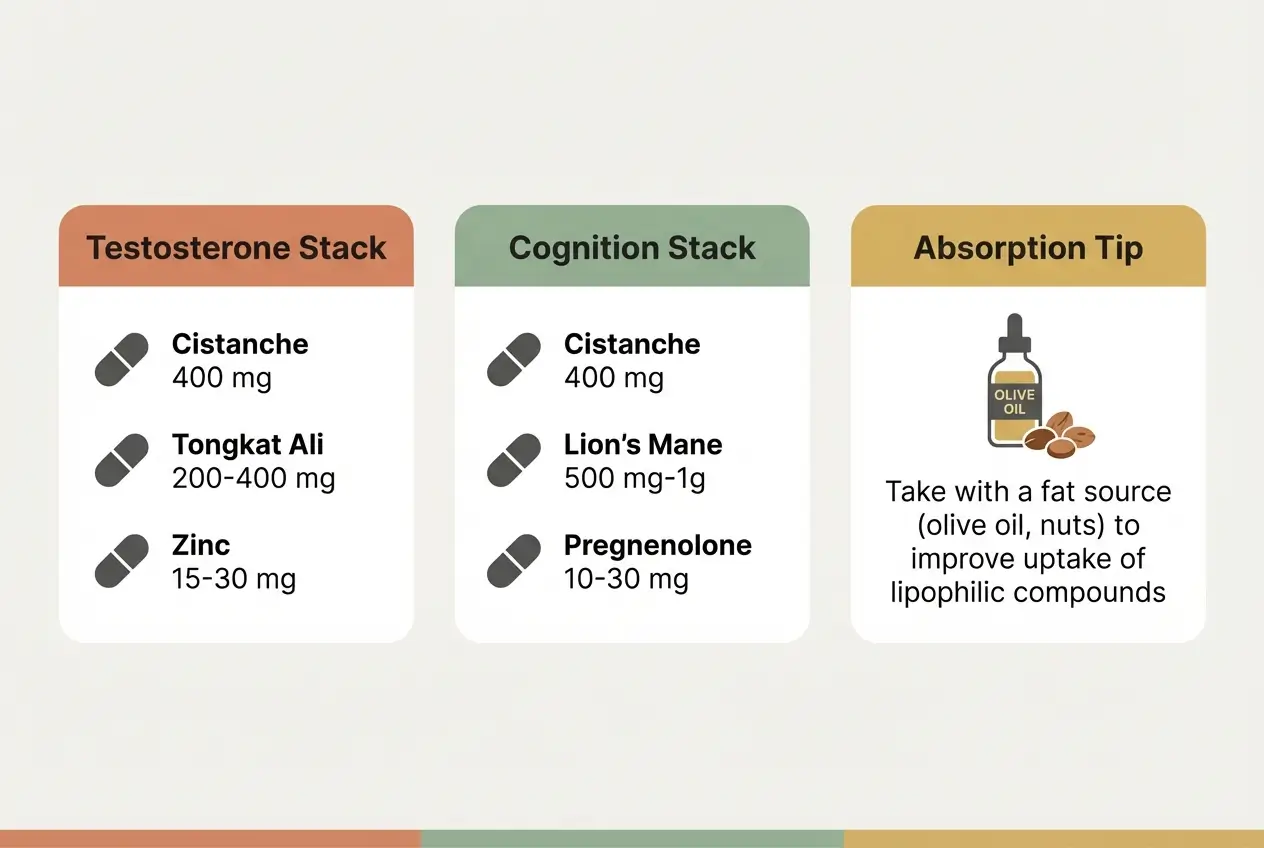 Three supplement stack cards showing Cistanche tubulosa combinations for testosterone support with Tongkat Ali and Zinc, cognition support with Lion's Mane and Pregnenolone, and an absorption tip to take with fat.