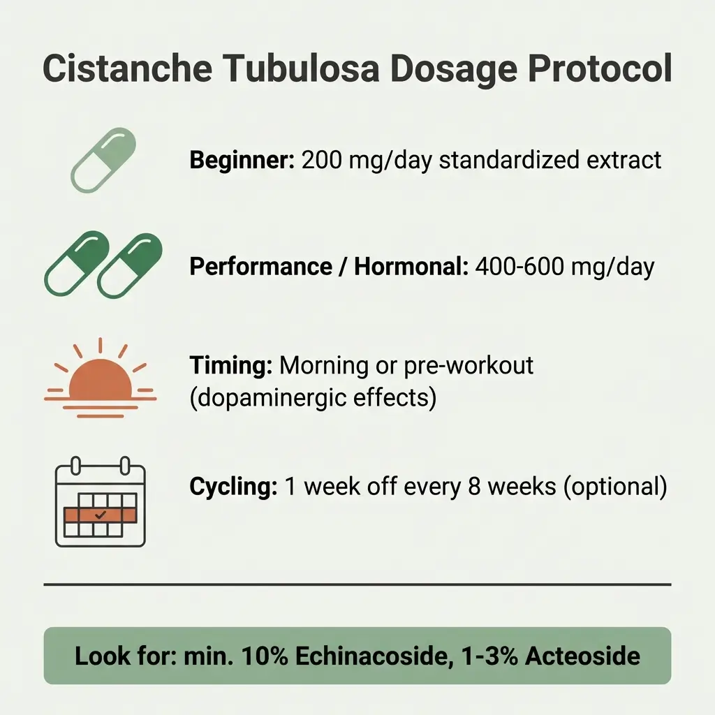 Dosage protocol card for Cistanche tubulosa showing beginner dose of 200mg, performance dose of 400-600mg, morning timing recommendation, and optional cycling schedule.