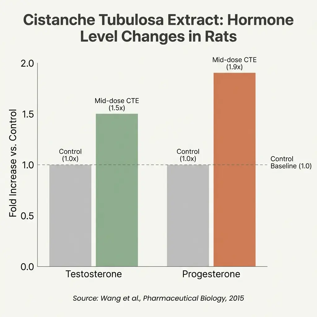 Bar chart showing Cistanche tubulosa extract increased testosterone levels by 1.5-fold and progesterone levels by 1.9-fold compared to control in a 2015 rat study.