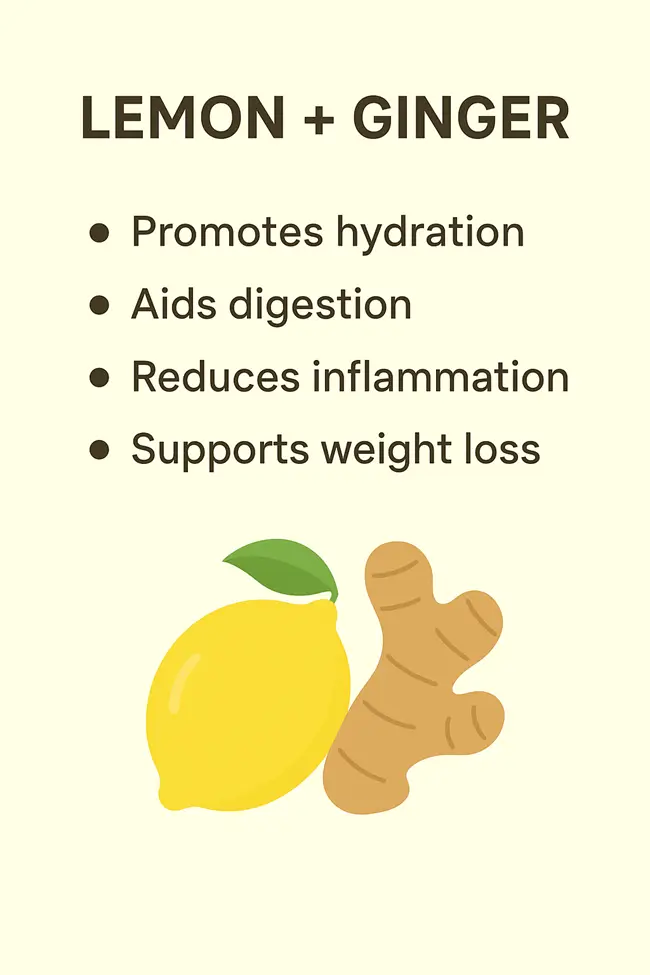 Minimal infographic showing lemon + ginger benefits with icons and simple layout.