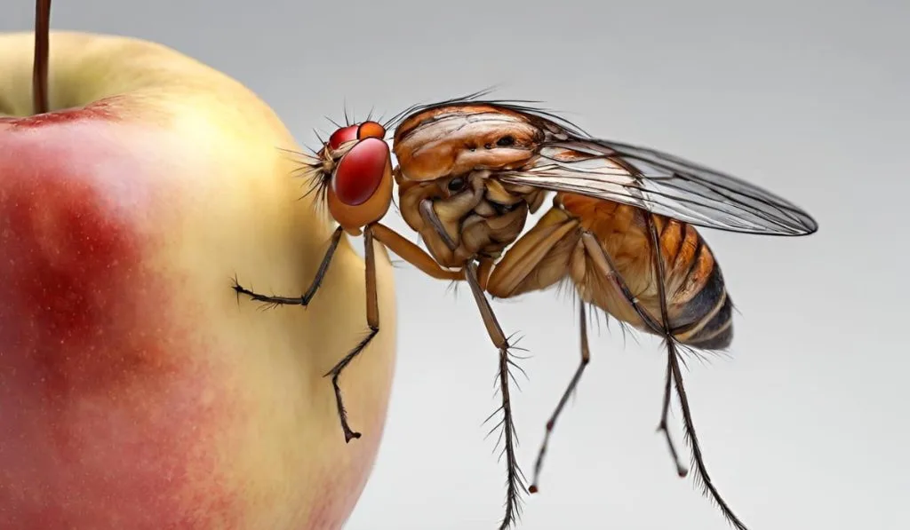 A close image of a Fruit Fly sitting on an Apple
