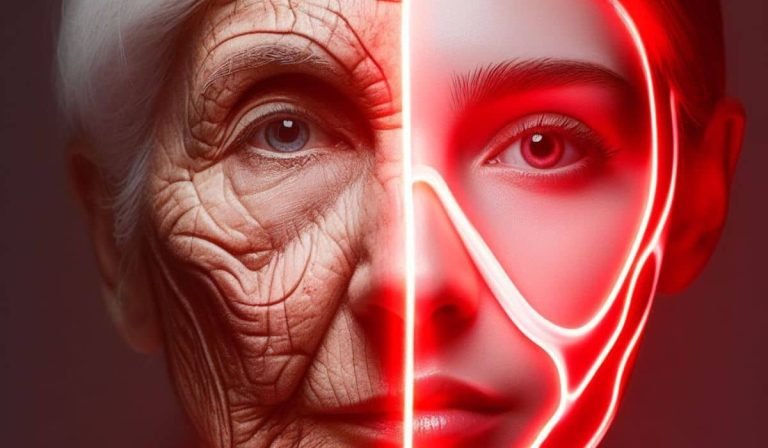 A split image with an old woman on the left and a Young woman on the right illuminated by red light