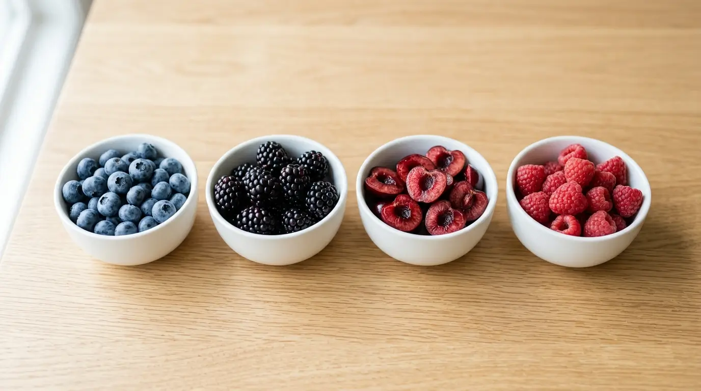 Four white bowls containing blueberries, blackberries, tart cherries, and raspberries showing deep pigments from anthocyanins
