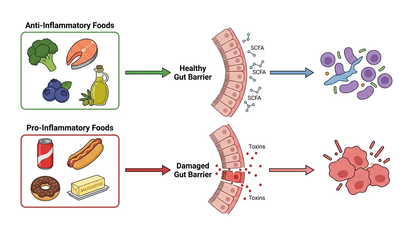 Diagram showing how anti-inflammatory foods support gut barrier integrity and lower CRP while pro-inflammatory foods damage the gut lining and raise systemic inflammation markers