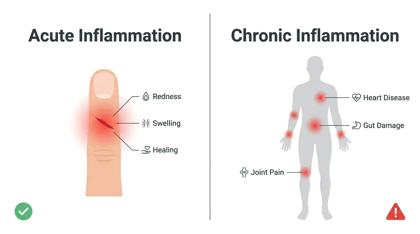 Infographic comparing acute inflammation showing localized healing response versus chronic inflammation showing systemic damage to joints, gut, and heart