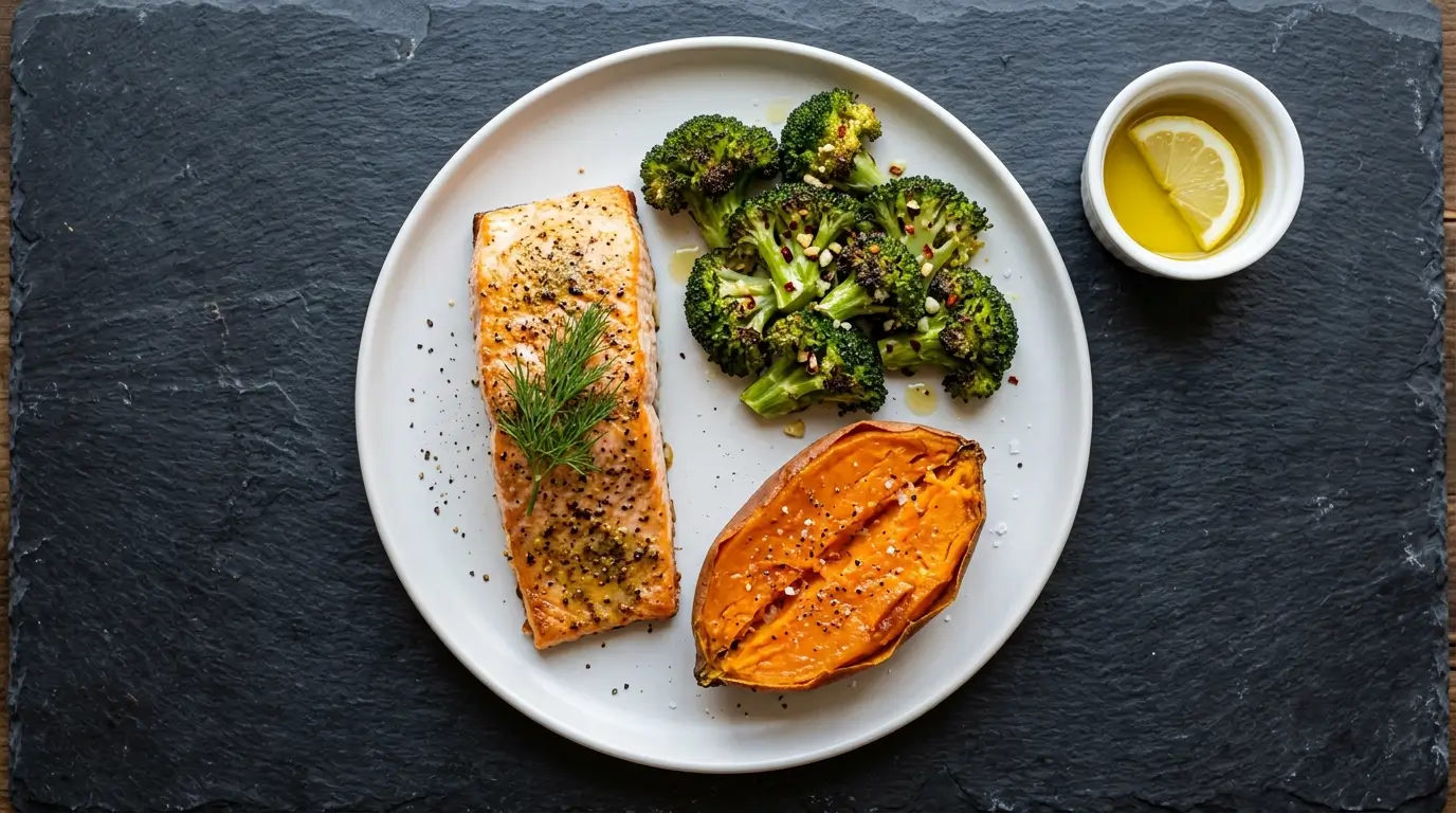 Overhead view of an anti-inflammatory dinner plate with baked wild salmon, roasted broccoli with garlic, and sweet potato alongside olive oil and lemon