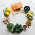Flat lay of anti-inflammatory foods including salmon, blueberries, avocado, kale, olive oil, turmeric, ginger, walnuts, chia seeds, broccoli, and lemons on a white marble surface