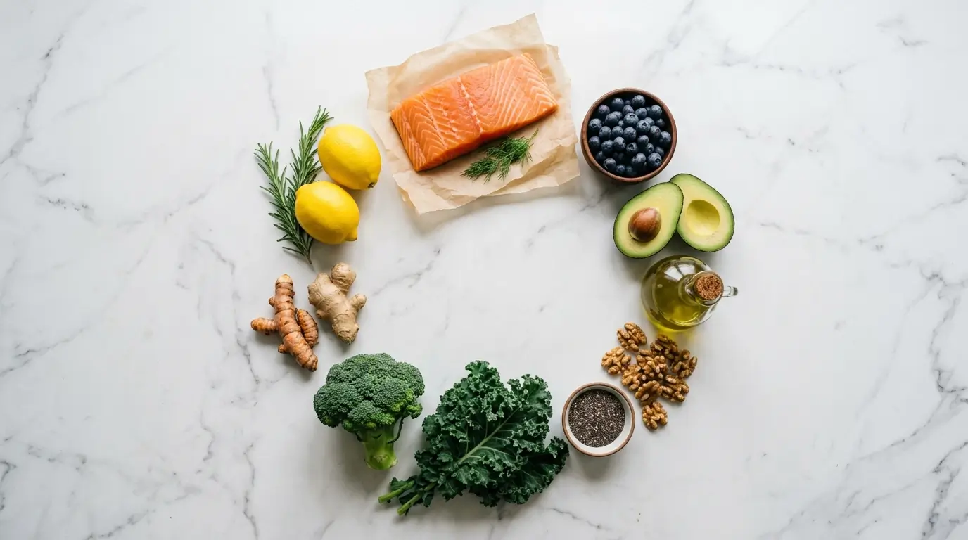 Flat lay of anti-inflammatory foods including salmon, blueberries, avocado, kale, olive oil, turmeric, ginger, walnuts, chia seeds, broccoli, and lemons on a white marble surface