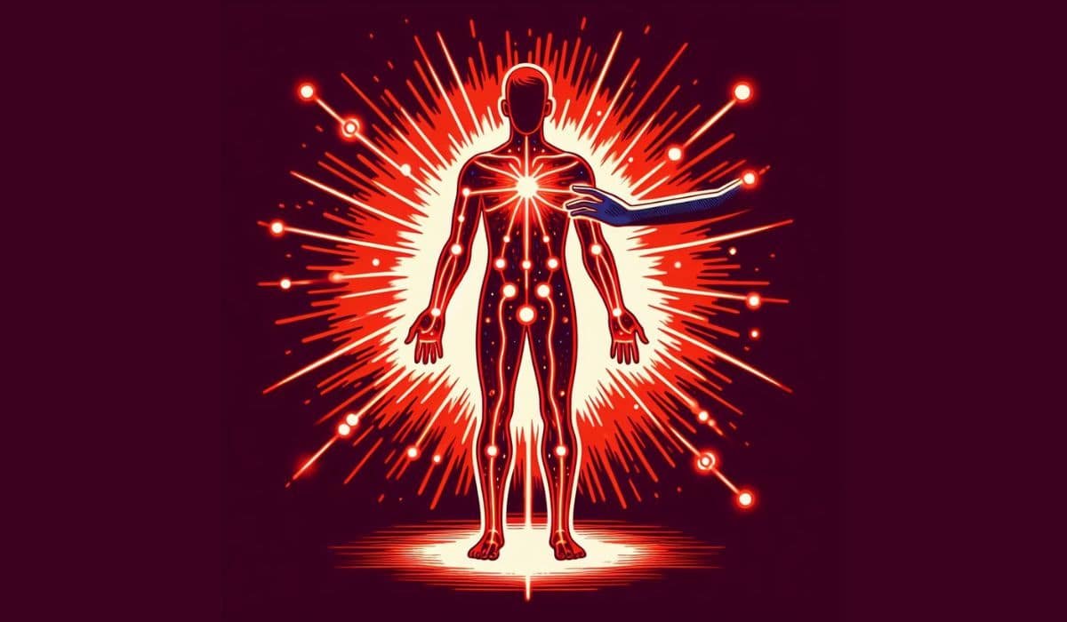 A man being healed by red light therapy, cartoon style.