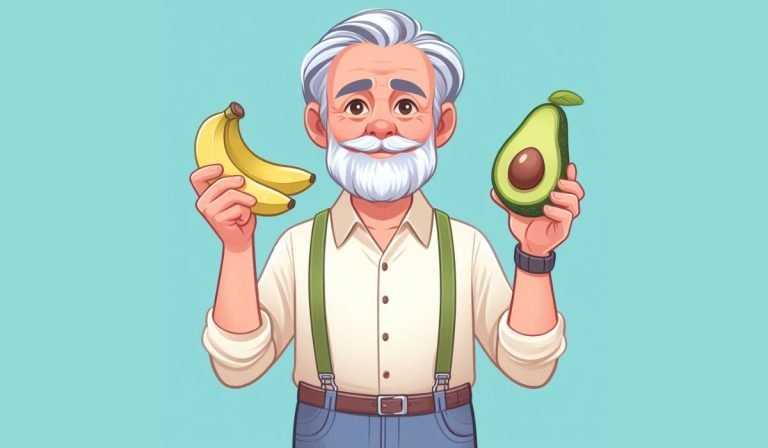 An elderly man who's trying to gain weight, is holding a banana on one hand and an avocado on the other.