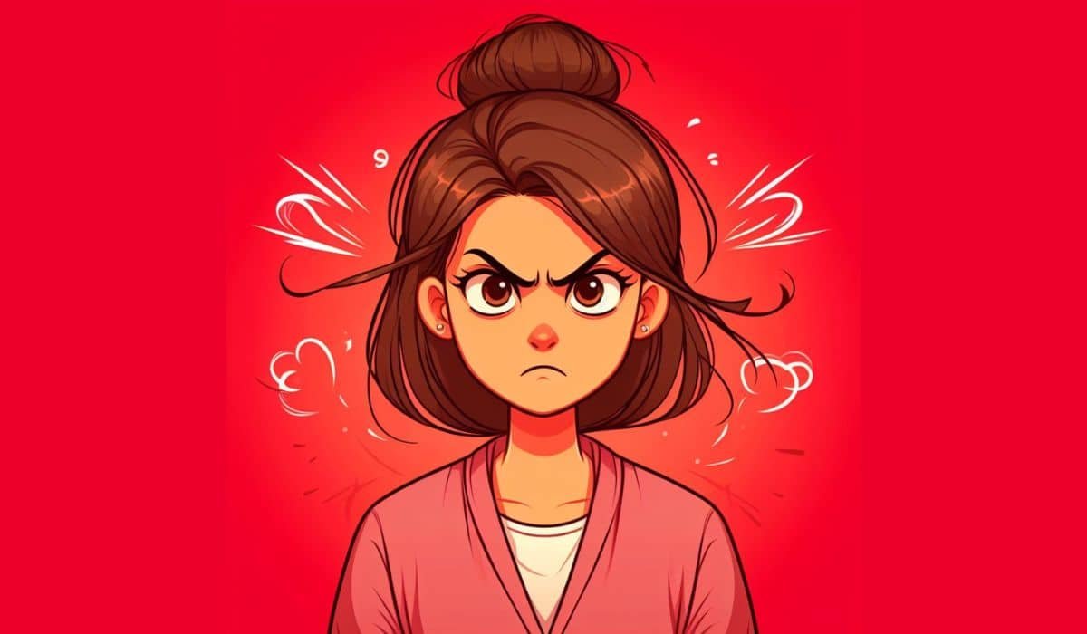 Angry woman in red background