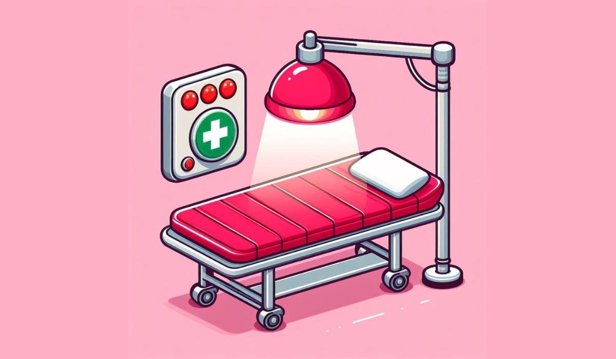 A Red bed with a huge lamp over it in cartoon style.