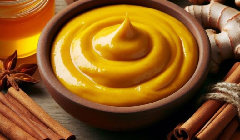 Yellow paste made from Turmeric Honey and Cinnamon in a bowl.