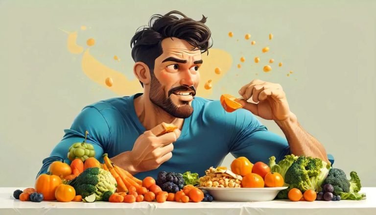 A man shown eating healthy foods and regaining its vitality after being sick.