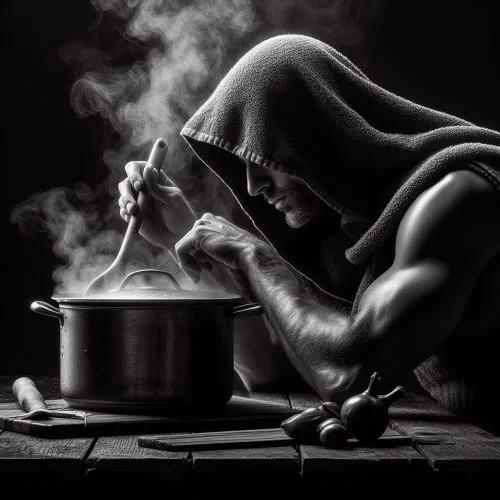 Man leans over a steaming pot to inhale the steam