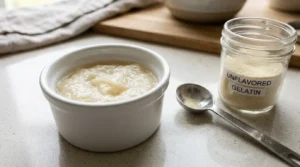 Close-up of unflavored gelatin powder after blooming for 3 minutes in a small white ramekin, showing the thick, opaque paste texture