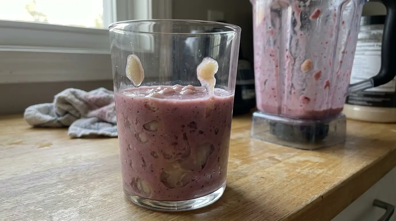 A failed gelatin smoothie showing visible rubbery gelatin clumps suspended in a pink berry liquid, demonstrating what happens when gelatin is added directly to cold ingredients without blooming.