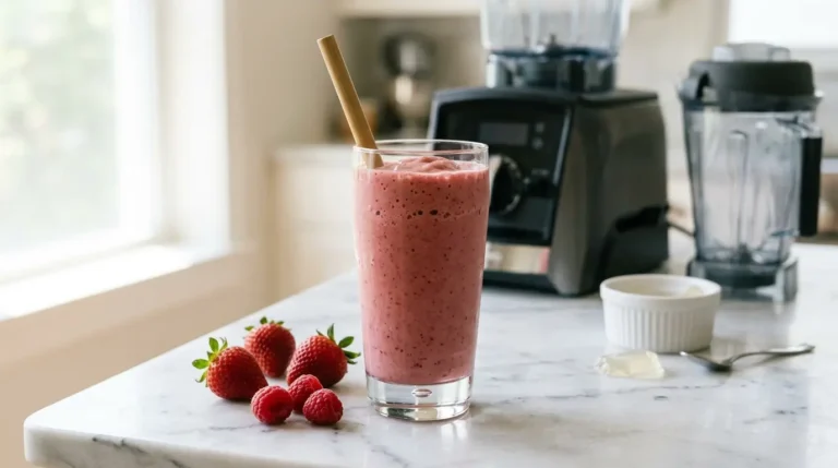 A tall glass of thick pink gelatin smoothie made with frozen strawberries and raspberries, served with a straw on a marble countertop next to a blender and ramekin.
