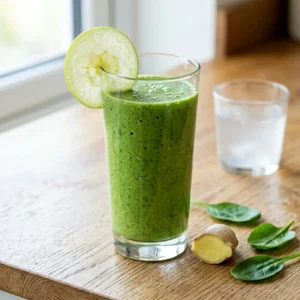 A tall glass of bright green gelatin smoothie made with spinach, green apple, and ginger, garnished with a green apple slice.