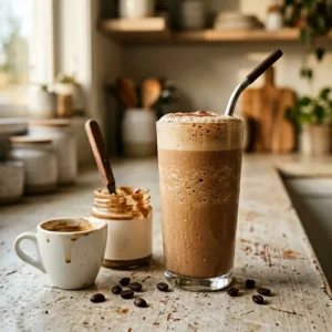 A tall glass of creamy brown coffee gelatin shake made with espresso, chocolate protein powder, and almond butter, next to an espresso cup and almond butter jar.
