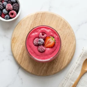 Overhead view of a pink gelatin smoothie in a clear glass topped with frozen raspberries and a sliced strawberry, surrounded by fresh berries.