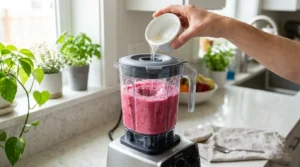 A hand pouring clear melted gelatin from a ramekin into a running high-speed blender containing a pink berry smoothie mixture.