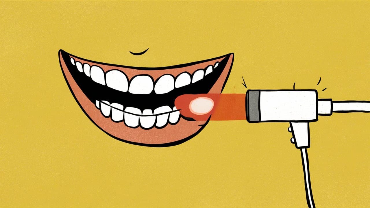 A cartoon styled mout with a canker sore and a red light therapy device emitting light on it