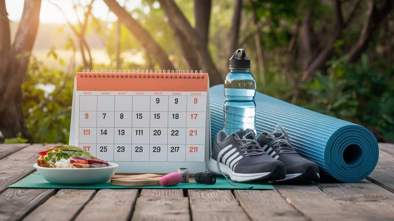 A calendar among fitness items