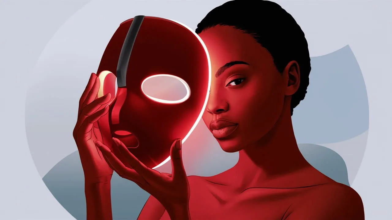 An African american woman holding a red light therapy mask close to her face