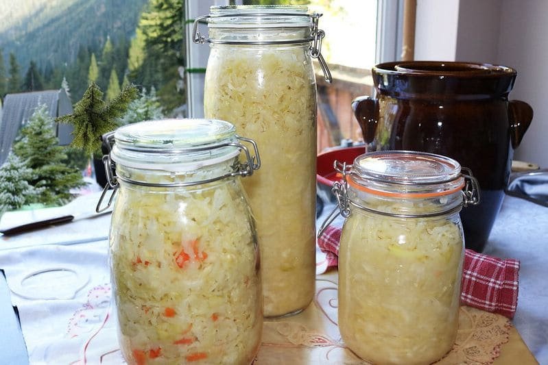 Jars with fermented cabbage