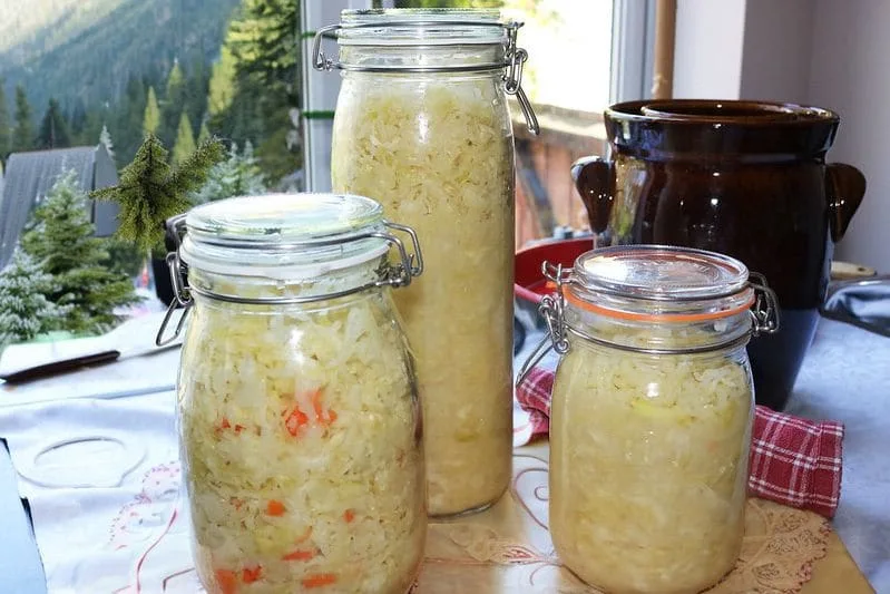 Jars with fermented cabbage