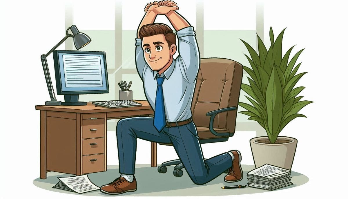 A white Caucasian man mid 40s, next to his desk doing stretches, cartoon style