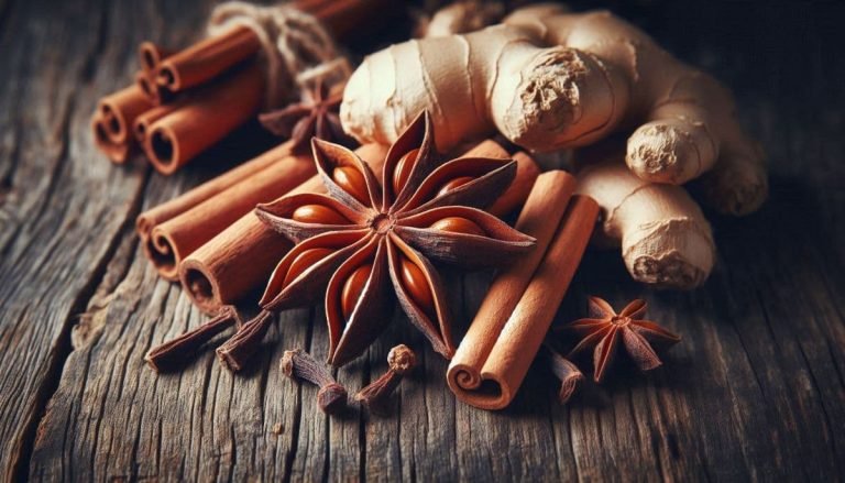 star anise and cinnamon sticks on wooden table-min