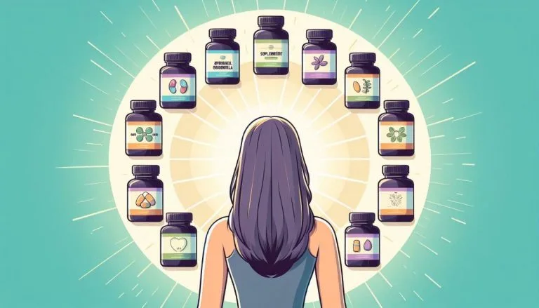 A woman standing with her back turned to the viewer. Various supplements are around her.