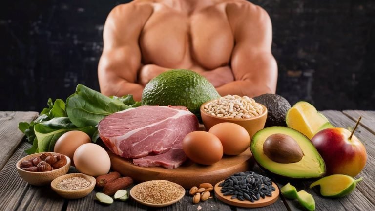 A fit man is standing behind a table filled with testosterone boosting foods