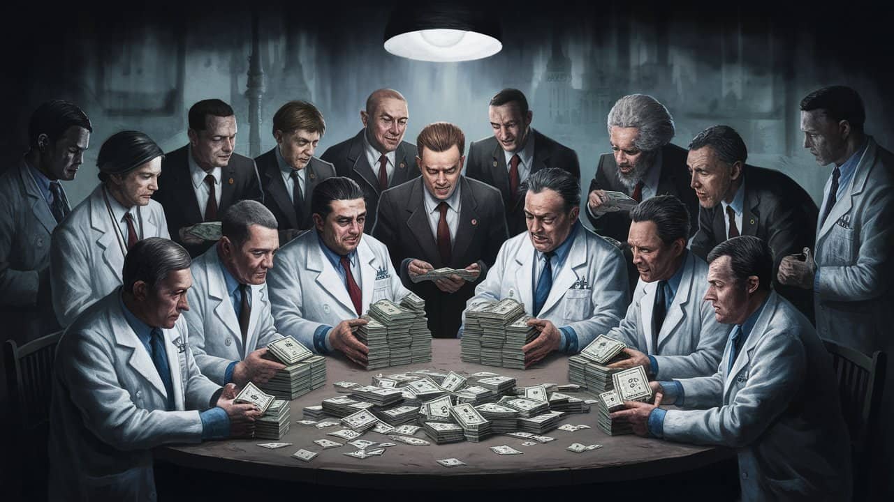 A dark and dramatic illustration of corrupt doctors and government officials