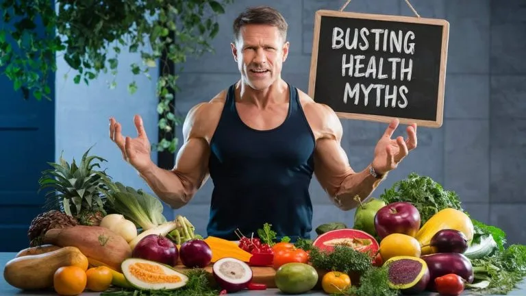 A fit and robust man surrounded by healthy foods