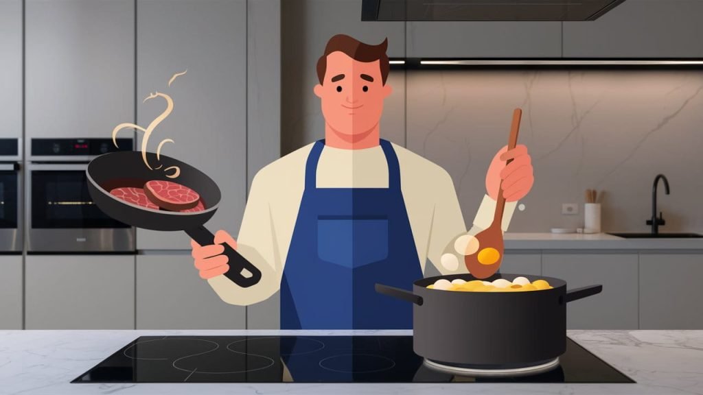 A modern, flat-design illustration of a man in a contemporary kitchen. He is wearing a blue apron and has a warm, friendly expression. Inone hand, he holds a frying pan with a sizzling steak, while in the other, he uses a wooden spoon to stir boiling eggs in a large pot. The background features minimalistic kitchen elements, such as a sleek oven, stainless steel appliances, and a marble countertop.