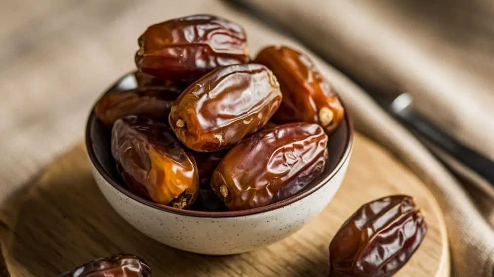 A closeup of a bowl filled with dates